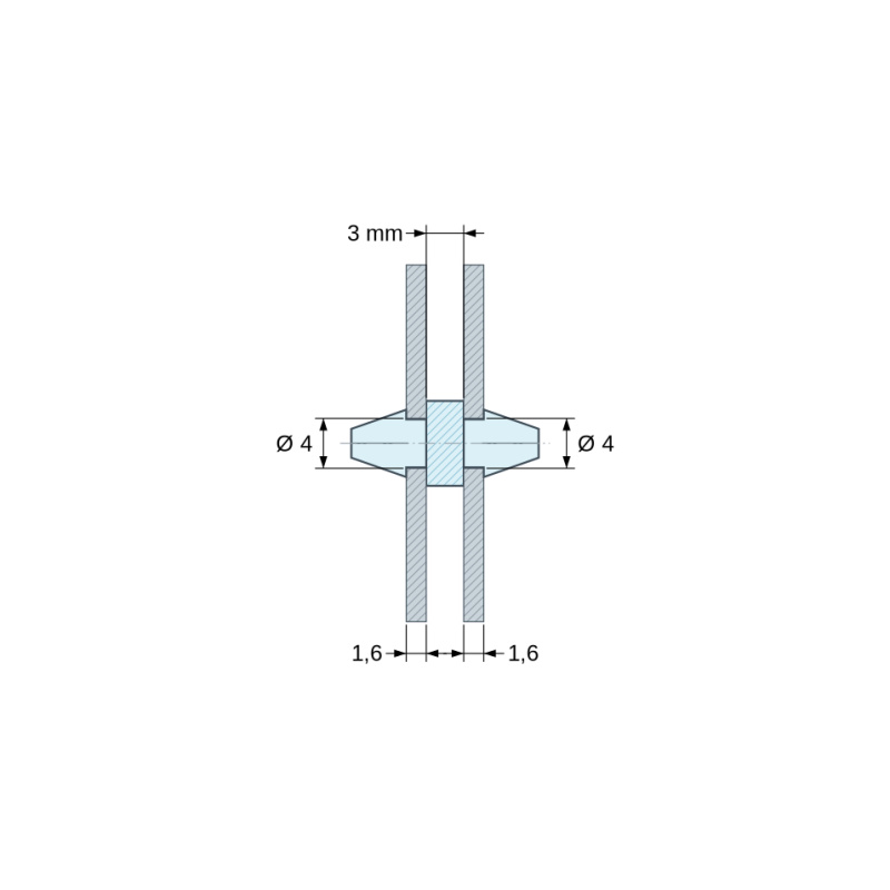 Plano acotado 3 mm, Soporte PCB a presión por ambos lados, PA6.6 negro, UL94-HB, orificio PCB Ø4 mm, espesor PCB 1,6 mm