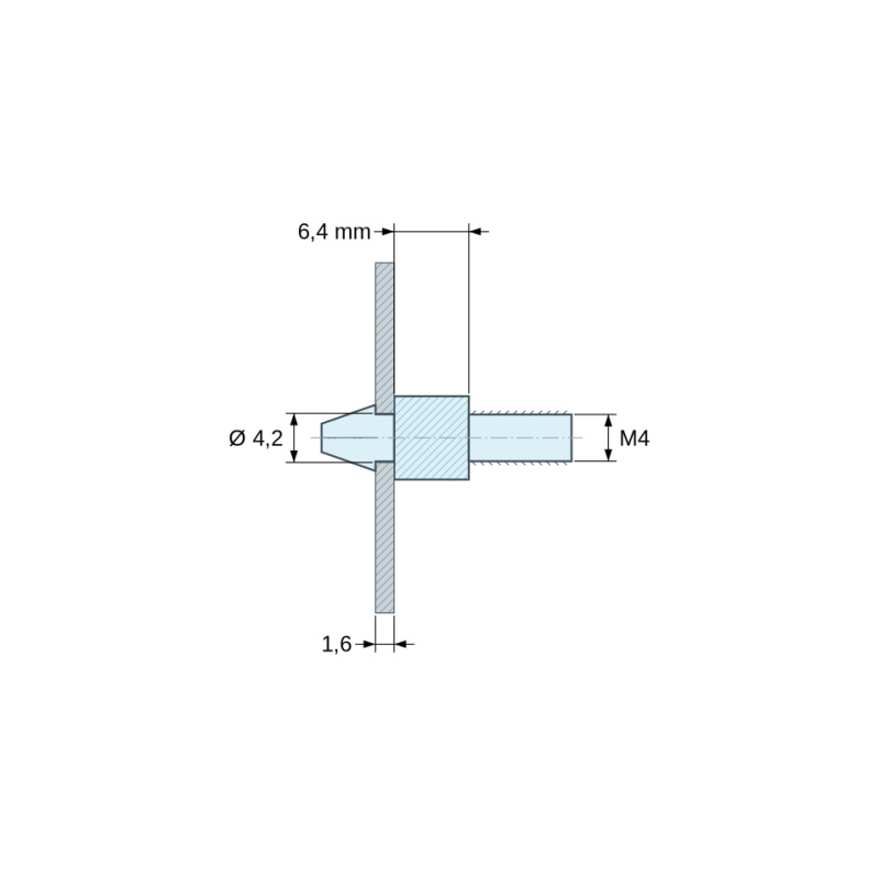 Plano acotado 6,4 mm, Soporte para circuito impreso a presión, roscado M4, poliamida PA6.6 natural UL94-V2, orificio Ø4,2 mm, circuito 1,6 mm