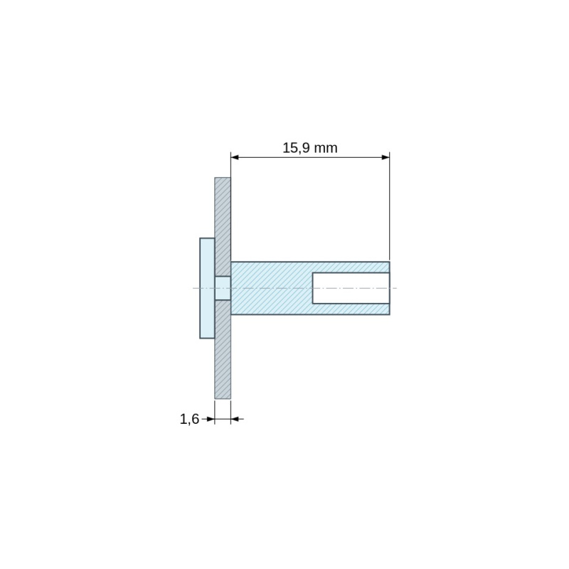 Plano acotado 15,9 mm, Soporte PCB bajo placa de cabeza para tornillo autorroscante Ø3,5, PA6.6 natural, UL94-V2, PCB 1,6 mm