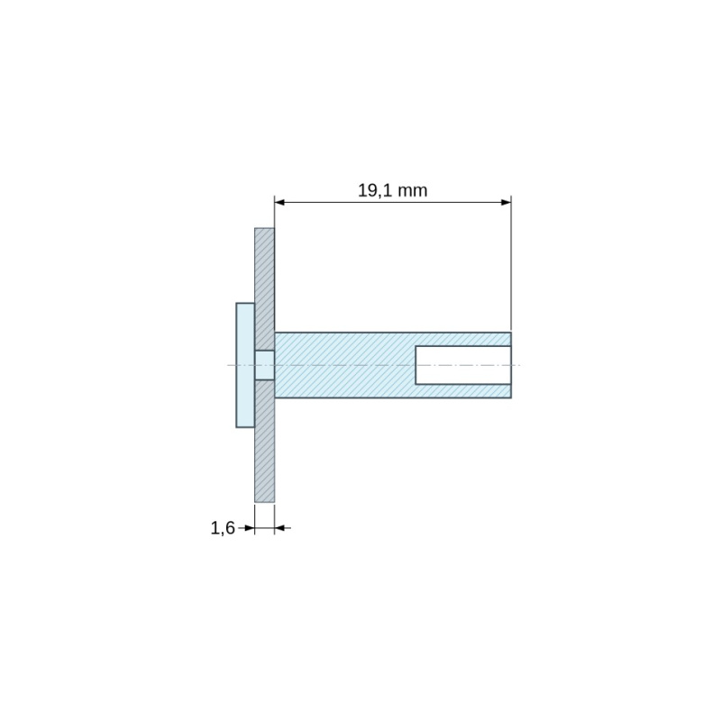 Plano acotado 19,1 mm, Soporte PCB bajo placa de cabeza para tornillo autorroscante Ø3,5, PA6.6 natural, UL94-V2, PCB 1,6 mm