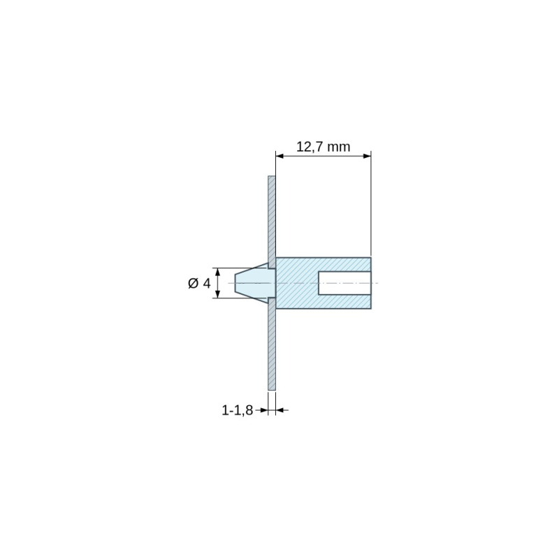 Plano acotado 12,7 mm, Soporte a presión para circuito impreso, tornillo autorroscante Ø3,5, PA6.6 natural UL94-V2, orificio Ø4 mm, circuito 1–1,8 mm
