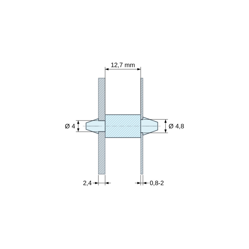 Plano acotado 12,7 mm, Soporte PCB a presión por ambos lados, Poliamida PA6.6, natural, UL94-V2, PCB Ø4/2,4 mm / CH Ø4,8/0,8–2 mm