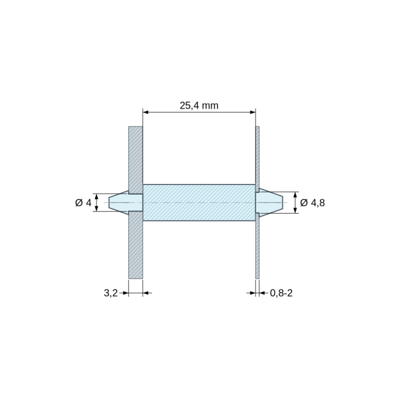 Plano acotado 25,4 mm, Soporte PCB a presión por ambos lados, Poliamida PA6.6, natural, UL94-V2, PCB Ø4/3,2 mm / CH Ø4,8/0,8–2 mm