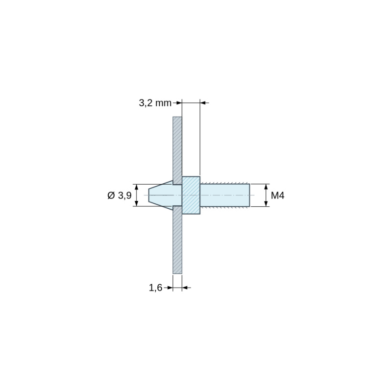 Plano acotado 3,2 mm, Soporte para circuito impreso a presión, roscado M4, poliamida PA6.6 natural UL94-V2, orificio Ø3,9 mm, circuito 1,6 mm