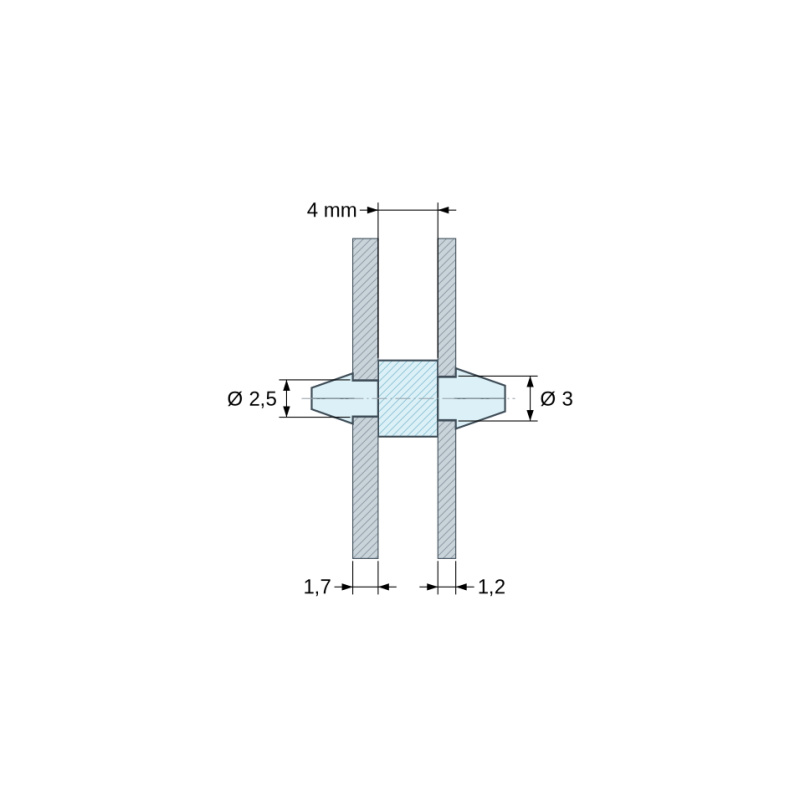 Plano acotado 4 mm, Soporte PCB a presión por ambos lados, Poliamida PA6.6, negra, UL94-HB, PCB Ø2,5/1,7 mm / CH Ø3/1,2 mm