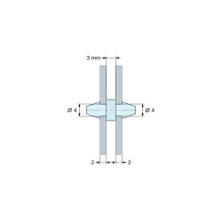 Plano acotado 3 mm, Soporte PCB a presión por ambos lados, PA6.6 negro, UL94-HB, orificio PCB Ø4 mm, espesor PCB 2 mm