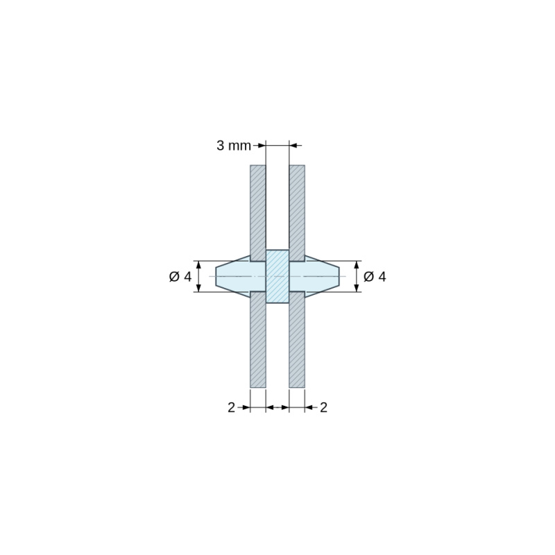 Plano acotado 3 mm, Soporte PCB a presión por ambos lados, PA6.6 negro, UL94-HB, orificio PCB Ø4 mm, espesor PCB 2 mm