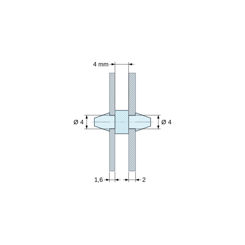 Plano acotado 4 mm, Soporte PCB a presión por ambos lados, Poliamida PA6.6, negra, UL94-HB, PCB Ø4/1,6 mm / CH Ø4/2 mm