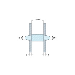 Plano acotado 12 mm, Soporte PCB a presión por ambos lados, PA6.6 natural, UL94-HB, orificio PCB Ø4 mm, espesor PCB 2 mm