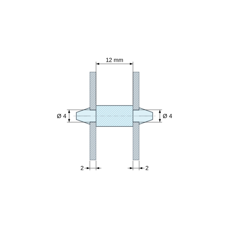 Plano acotado 12 mm, Soporte PCB a presión por ambos lados, PA6.6 natural, UL94-HB, orificio PCB Ø4 mm, espesor PCB 2 mm