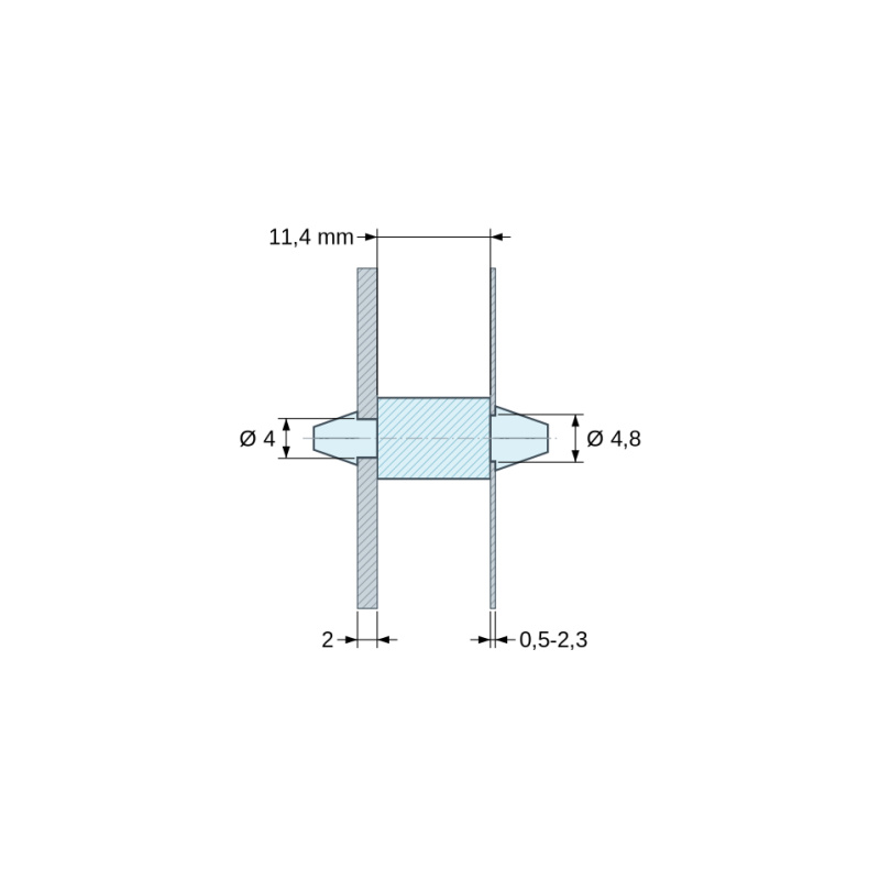 Plano acotado 11,4 mm, Soporte PCB a presión por ambos lados, Poliamida PA6.6, natural, UL94-V2, PCB Ø4/2 mm / CH Ø4,8/0,5–2,3 mm