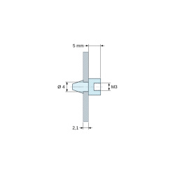 Plano acotado 5 mm, Soporte para circuito impreso a presión, con rosca interior M3, poliamida PA6.6 negra UL94-HB, orificio Ø4 mm, circuito 2,1 mm