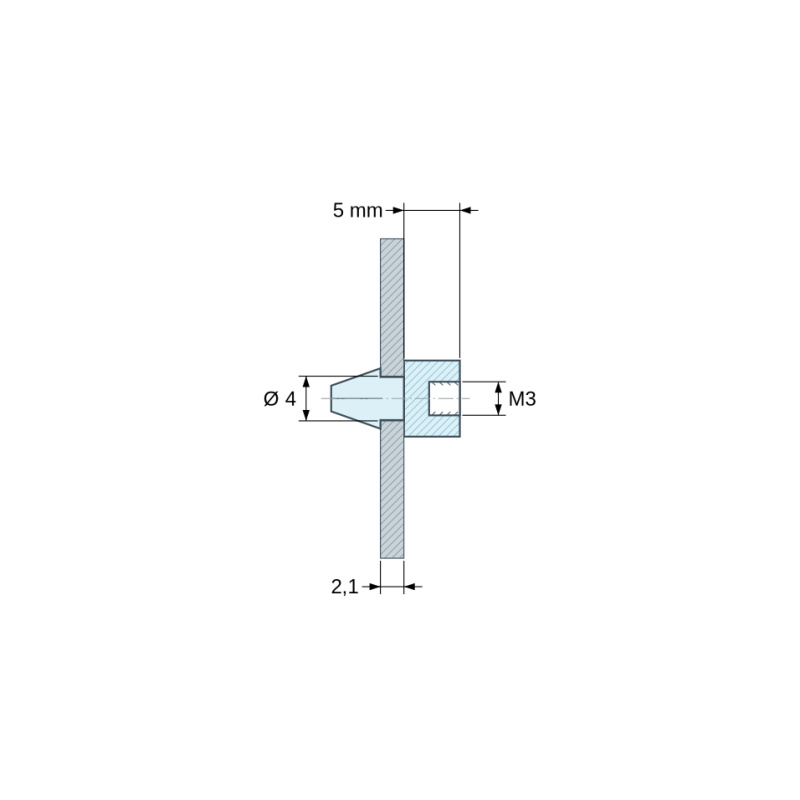 Plano acotado 5 mm, Soporte para circuito impreso a presión, con rosca interior M3, poliamida PA6.6 negra UL94-HB, orificio Ø4 mm, circuito 2,1 mm