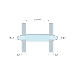 Plano acotado 9,8 mm, Soporte PCB a presión por ambos lados, PA6.6 natural, UL94-V2, orificio PCB Ø1,7 mm, espesor PCB 1,7 mm