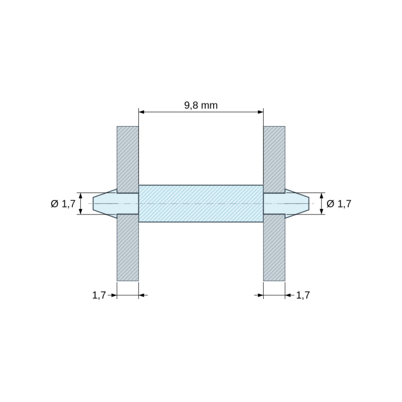 Plano acotado 9,8 mm, Soporte PCB a presión por ambos lados, PA6.6 natural, UL94-V2, orificio PCB Ø1,7 mm, espesor PCB 1,7 mm