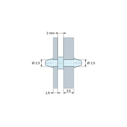 Plano acotado 2 mm, Soporte PCB a presión por ambos lados, Poliamida PA6.6, natural, UL94-V2, PCB Ø2,5/1,6 mm / CH Ø2,5/3,6 mm