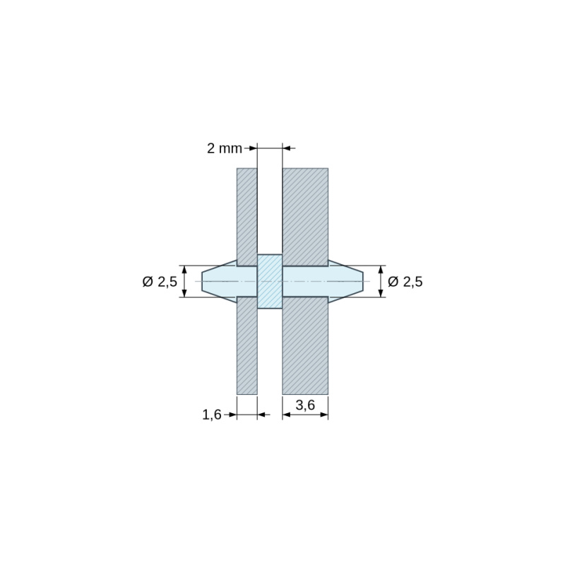 Plano acotado 2 mm, Soporte PCB a presión por ambos lados, Poliamida PA6.6, natural, UL94-V2, PCB Ø2,5/1,6 mm / CH Ø2,5/3,6 mm