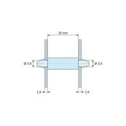 Plano acotado 16 mm, Soporte PCB a presión por ambos lados, PA6.6 natural, UL94-V0, orificio PCB Ø3,5 mm, espesor PCB 1,6 mm