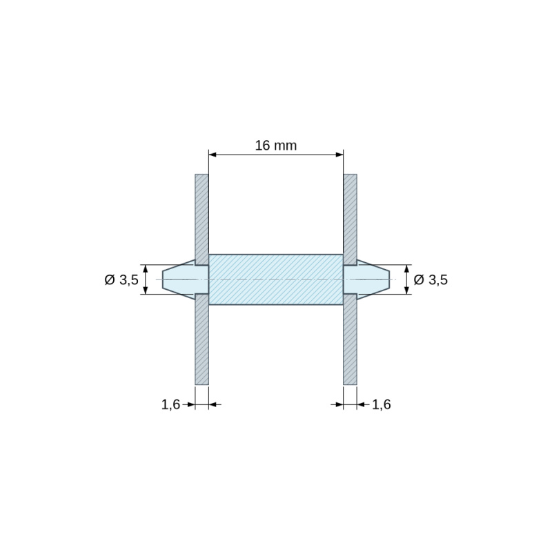 Plano acotado 16 mm, Soporte PCB a presión por ambos lados, PA6.6 natural, UL94-V0, orificio PCB Ø3,5 mm, espesor PCB 1,6 mm