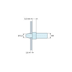 Plano acotado 3,2 mm, Soporte para circuito impreso a presión, roscado M4, poliamida PA6.6 natural UL94-V2, orificio Ø3,2 mm, circuito 1,6 mm