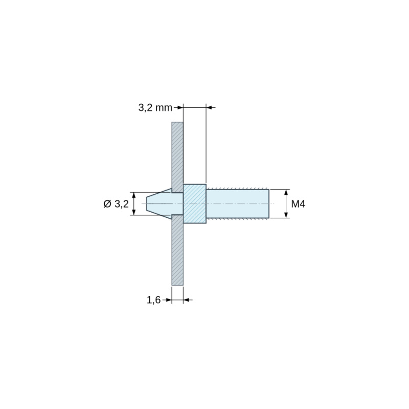 Plano acotado 3,2 mm, Soporte para circuito impreso a presión, roscado M4, poliamida PA6.6 natural UL94-V2, orificio Ø3,2 mm, circuito 1,6 mm