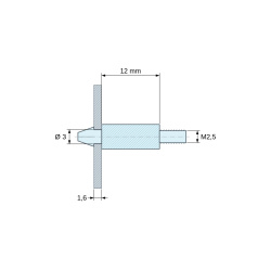 Plano acotado 12 mm, Soporte para circuito impreso a presión, roscado M2,5, poliamida PA6.6 negra UL94-HB, orificio Ø3 mm, circuito 1,6 mm