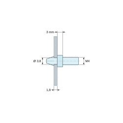Plano acotado 3 mm, Soporte para circuito impreso a presión, roscado M4, poliamida PA6.6 negra UL94-HB, orificio Ø3,8 mm, circuito 1,8 mm