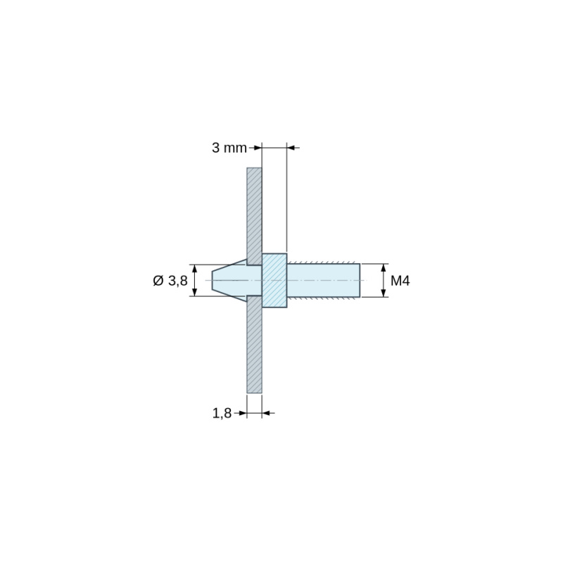 Plano acotado 3 mm, Soporte para circuito impreso a presión, roscado M4, poliamida PA6.6 negra UL94-HB, orificio Ø3,8 mm, circuito 1,8 mm