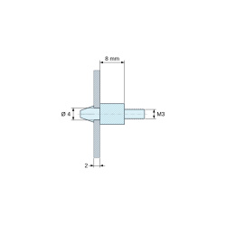 Plano acotado 8 mm, Soporte para circuito impreso a presión, roscado M3, poliamida PA6.6 negra UL94-HB, orificio Ø4 mm, circuito 2 mm