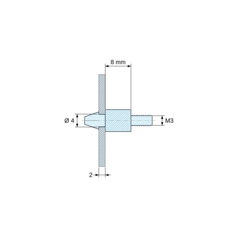Plano acotado 8 mm, Soporte para circuito impreso a presión, roscado M3, poliamida PA6.6 negra UL94-HB, orificio Ø4 mm, circuito 2 mm