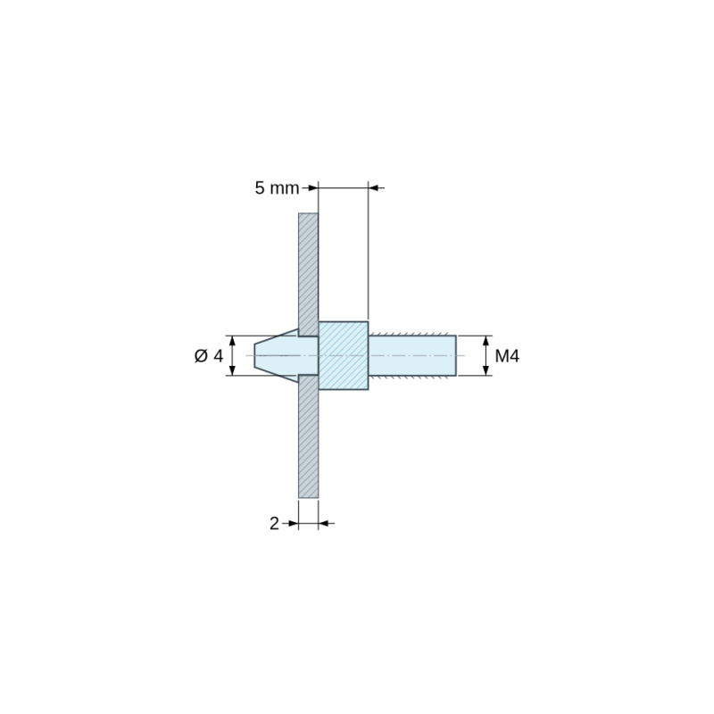Plano acotado 5 mm, Soporte para circuito impreso a presión, roscado M4, poliamida PA6.6 negra UL94-HB, orificio Ø4 mm, circuito 2 mm