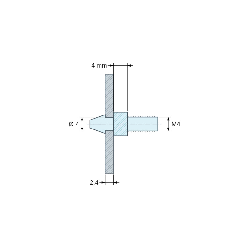 Plano acotado 4 mm, Soporte para circuito impreso a presión, roscado M4, poliamida PA6.6 negra UL94-HB, orificio Ø4 mm, circuito 2,4 mm
