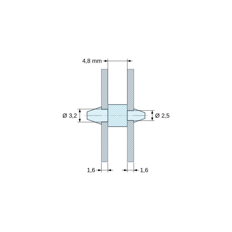 Plano acotado 4,8 mm, Soporte PCB a presión por ambos lados, Poliamida PA6.6, natural, UL94-V2, PCB Ø3,2/1,6 mm / CH Ø2,5/1,6 mm