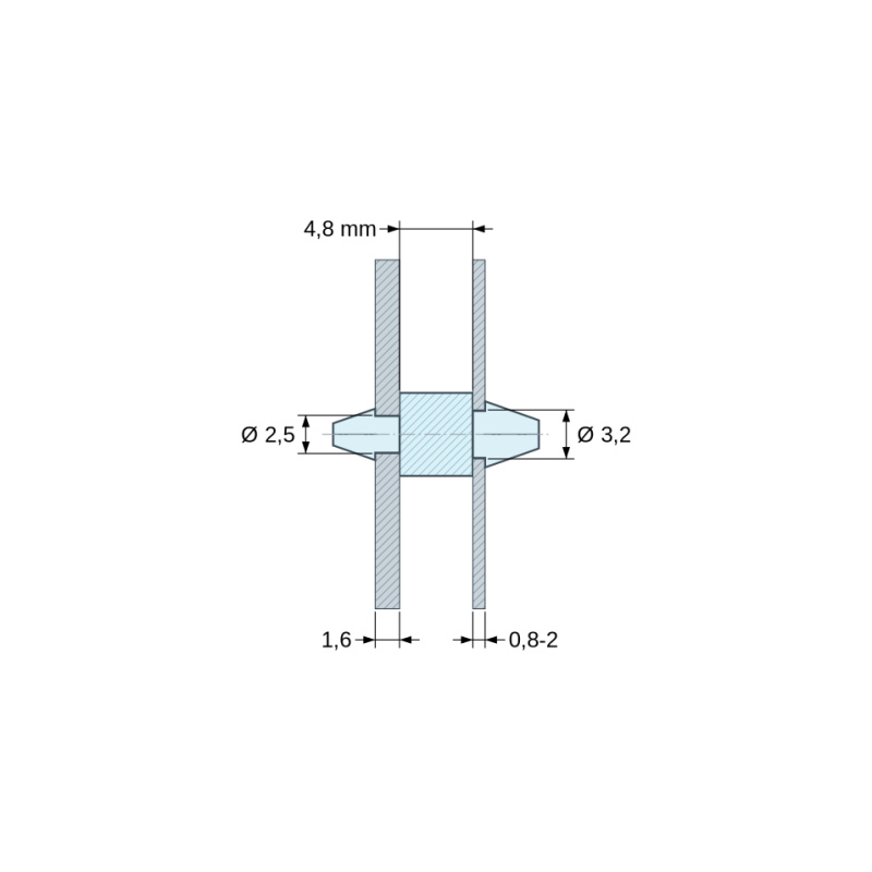 Plano acotado 4,8 mm, Soporte PCB a presión por ambos lados, Poliamida PA6.6, natural, UL94-V2, PCB Ø2,5/1,6 mm / CH Ø3,2/0,8–2 mm