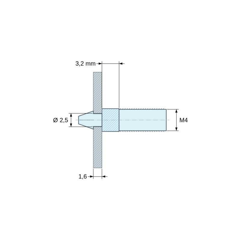 Plano acotado 3,2 mm, Soporte para circuito impreso a presión, roscado M4, poliamida PA6.6 natural UL94-V2, orificio Ø2,5 mm, circuito 1,6 mm