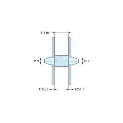 Plano acotado 6,4 mm, Soporte PCB a presión por ambos lados, PA6.6 negro, UL94-V2, orificio PCB Ø3 mm, espesor PCB 1,2–1,8 mm