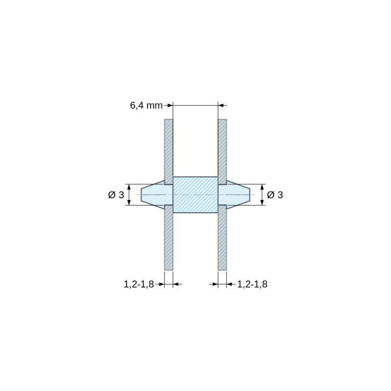 Plano acotado 6,4 mm, Soporte PCB a presión por ambos lados, PA6.6 negro, UL94-V2, orificio PCB Ø3 mm, espesor PCB 1,2–1,8 mm