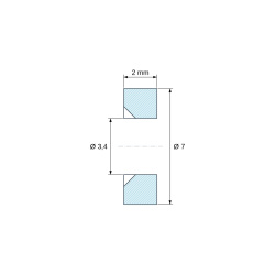 Plano acotado 2 mm, Separador liso avellanado en una cara, PA6 GV25 negro UL94-HB, Ø3,4/7 mm, M3