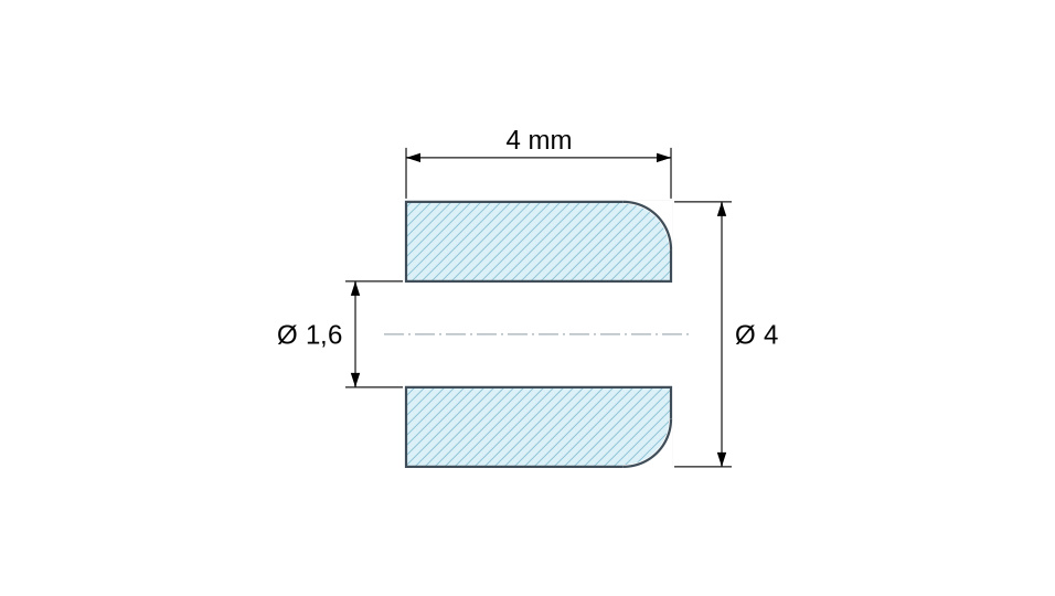 Separador liso de cerámica C221 Ø1,6x4mm, un extremo redondeado