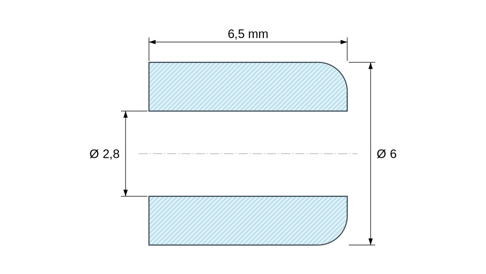 Separador liso de cerámica C221 Ø2,8x6mm, un extremo redondeado