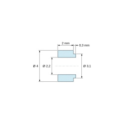 Plano acotado 2 mm, Separador con resalte PA6-FV Ø2,2×4 mm, resalte Ø3,1×0,3 mm, para M2, UL94-HB