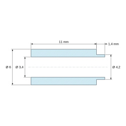 Plano acotado 11 mm, Separador con resalte PA6-FV Ø3,4×6 mm, resalte Ø4,2×1,4 mm, para M3, UL94-HB