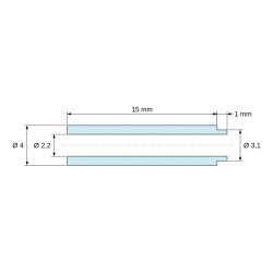 Plano acotado 15 mm, Separador con resalte PA6-FV Ø2,2×4 mm, resalte Ø3,1×1 mm, para M2, UL94-HB