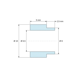 Plano acotado 5 mm, Separador con resalte PA6-FV Ø6,5×10 mm, resalte Ø8×2,5 mm, para M6, UL94-HB