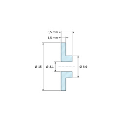 Plano acotado 3,5 mm, Casquillo aislante con brida Ø3,1x15mm, resalte bajo Ø6,9mm, poliamida PA6 natural UL94-V2