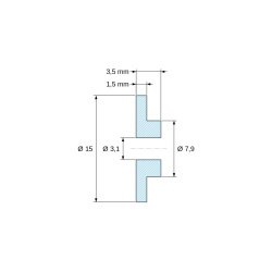 Plano acotado 3,5 mm, Casquillo aislante con brida Ø3,1x15mm, resalte bajo Ø7,9mm, poliamida PA6 natural UL94-V2