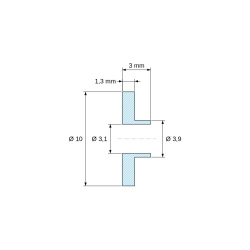 Plano acotado 3 mm, Casquillo aislante con brida Ø3,1x10mm, resalte bajo Ø3,9mm, poliamida PA6 natural UL94-V2
