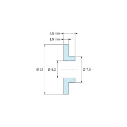 Plano acotado 3,5 mm, Casquillo aislante con brida Ø5,2x15mm, resalte bajo Ø7,9mm, poliamida PA6 natural UL94-V2