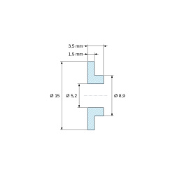 Plano acotado 3,5 mm, Casquillo aislante con brida Ø5,2x15mm, resalte bajo Ø8,9mm, poliamida PA6 natural UL94-V2