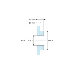 Plano acotado 3,5 mm, Casquillo aislante con brida Ø5,2x15mm, resalte bajo Ø9,9mm, poliamida PA6 natural UL94-V2